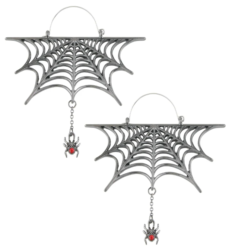 Black PVD Spiderweb Dangle Spider Stainless Steel Plug Hoops - Mrs Treak