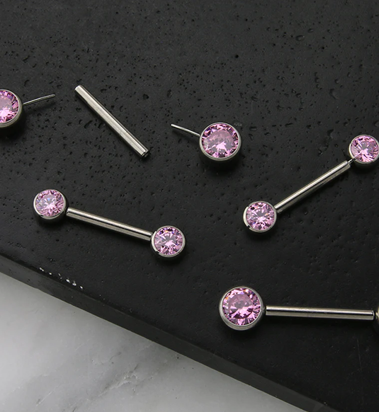 Dual Bezel Pink CZ Titanium Threadless Nipple Ring Barbell - Mrs Treak