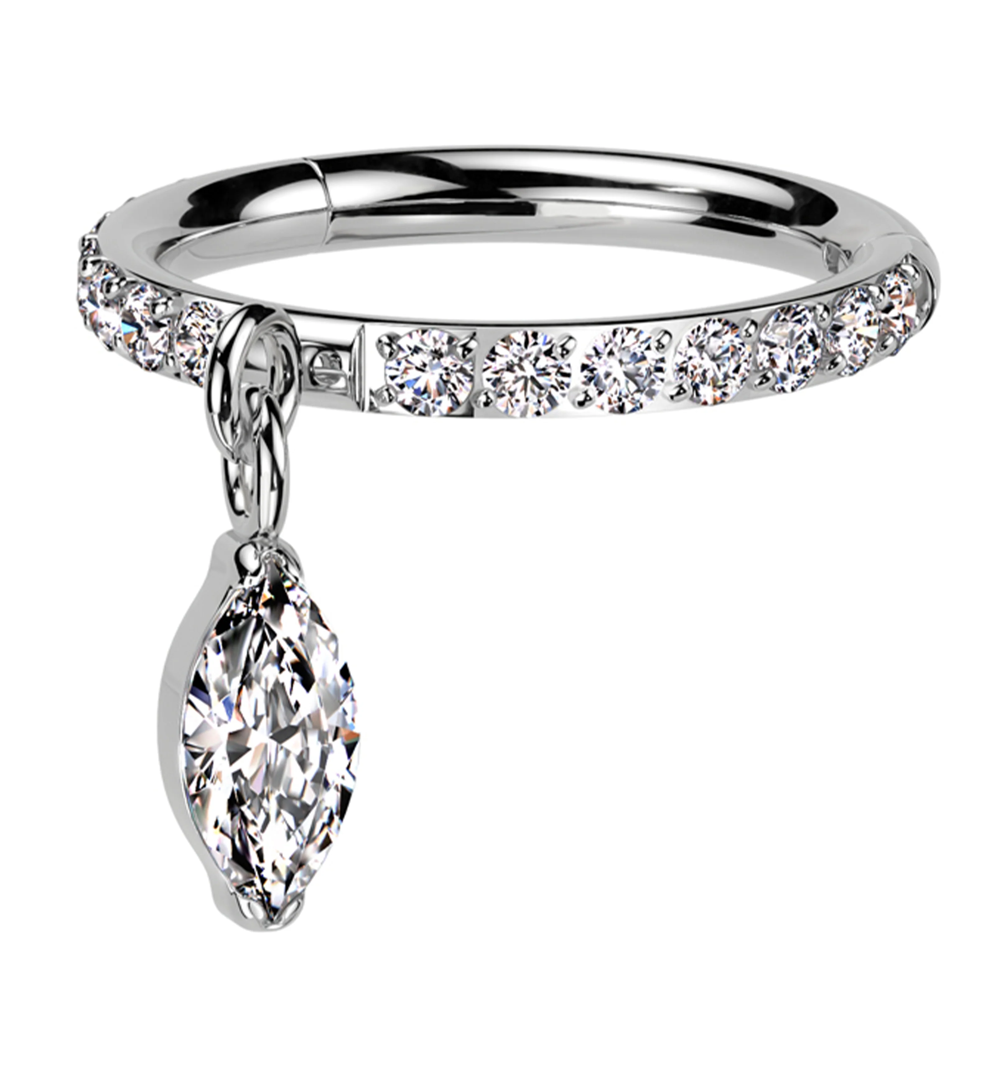 Side Facing Marquise Dangle Clear CZ Row Titanium Hinged Segment Ring - Mrs Treak