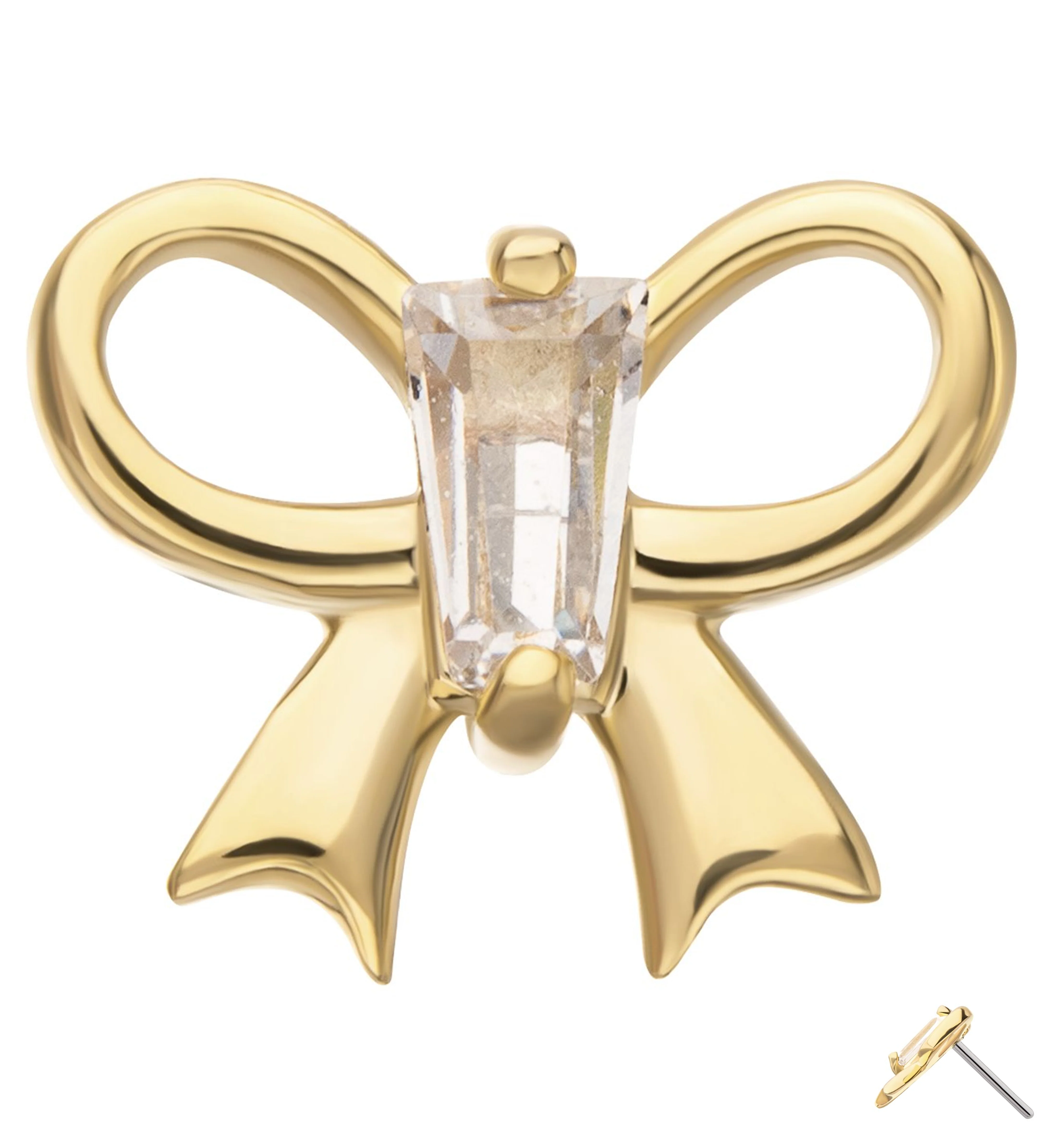 14kt Gold Bow Baguette Clear CZ Threadless Top - Mrs Treak