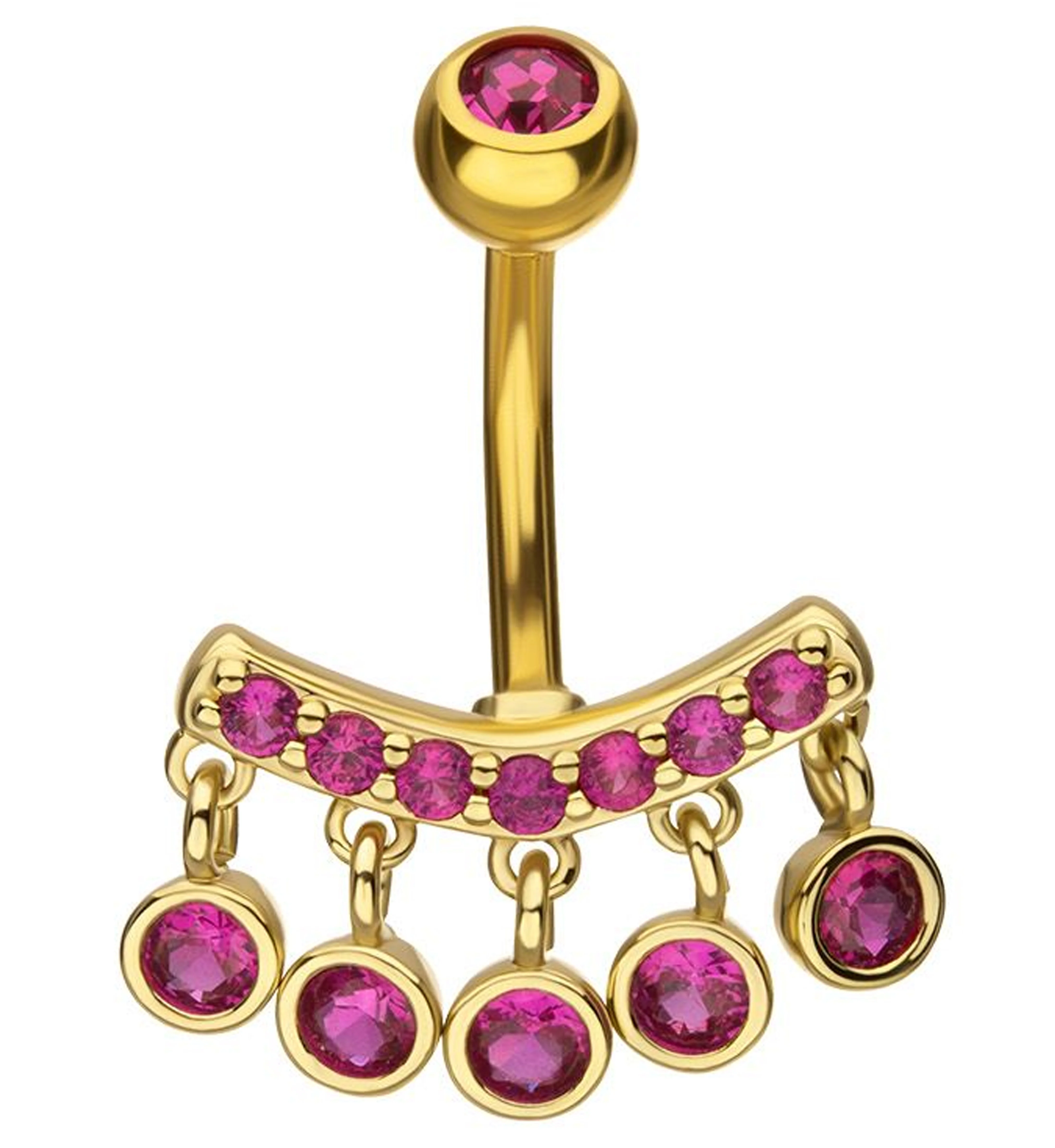 Gold PVD Curve Quinate Fuchsia CZ Dangle Stainless Steel Belly Button Ring - Mrs Treak