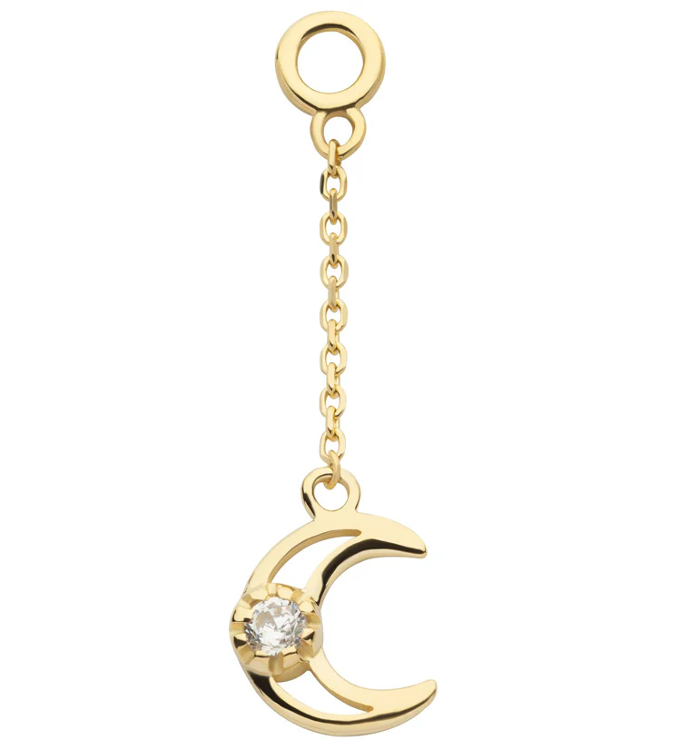 14kt Gold Trace Half Moon Clear CZ Dangle Chain Charm - Mrs Treak