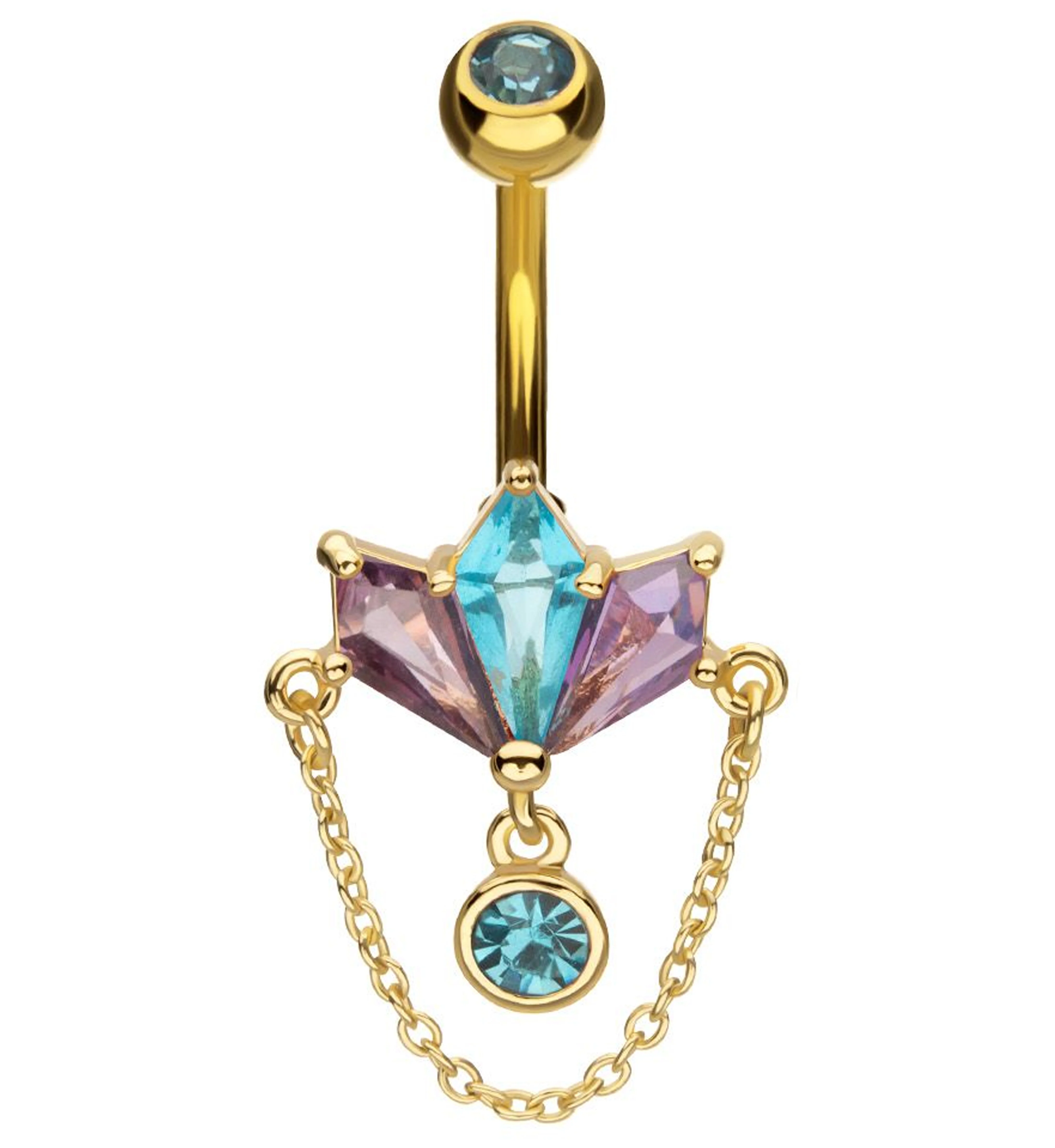 Gold PVD Triple Poly Amethyst And Aqua CZ Dangle Chain Stainless Steel Belly Button Ring - Mrs Treak