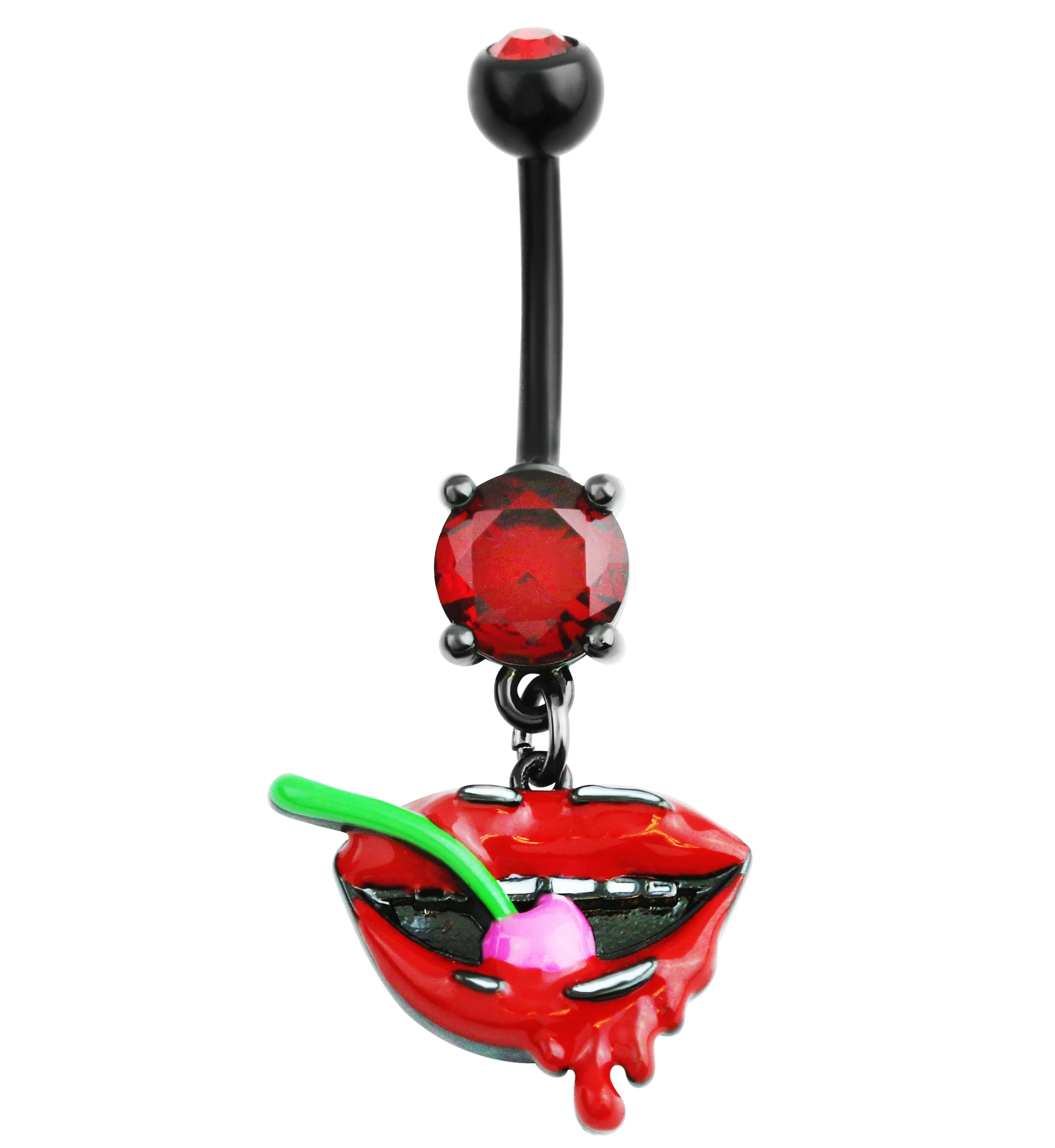 Black PVD Cherry Lips Red CZ Stainless Steel Belly Button Ring - Mrs Treak