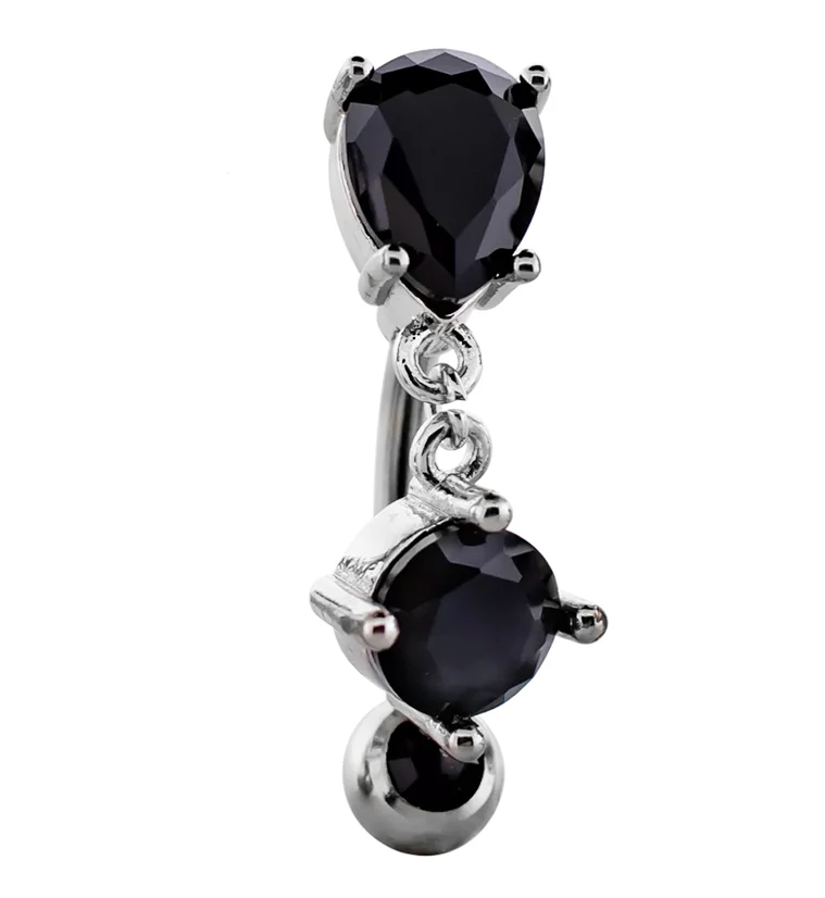 Teardrop Top Black CZ Dangle Stainless Steel Belly Button Ring - Mrs Treak