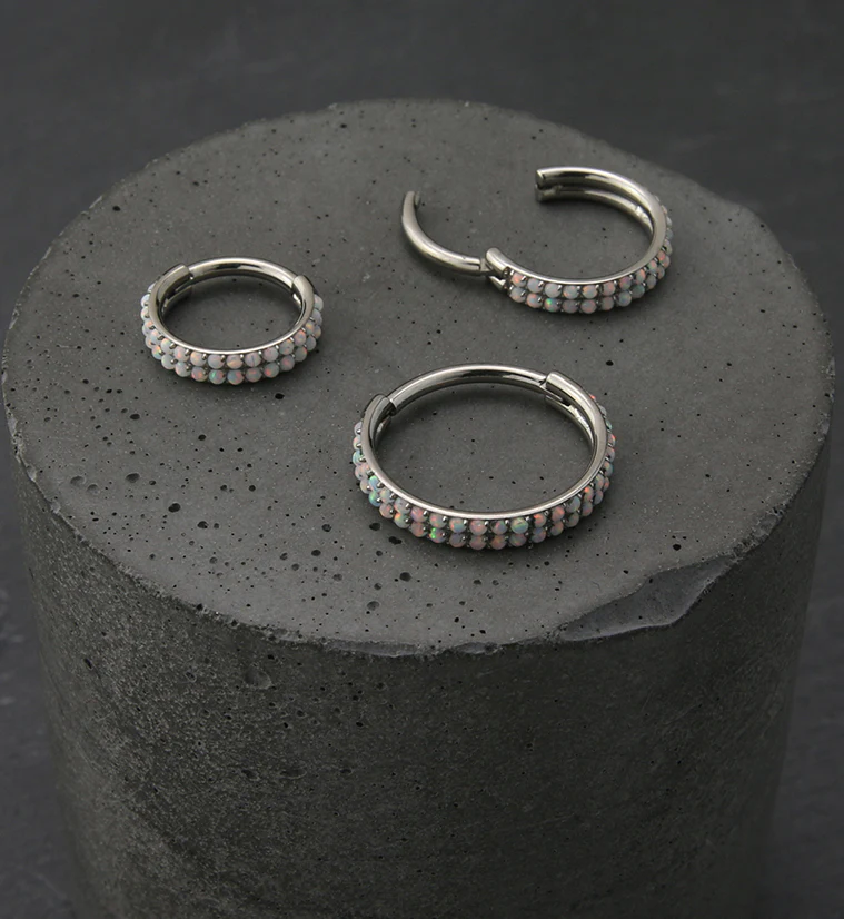 Double Row White Opalite Titanium Hinged Segment Ring - Mrs Treak