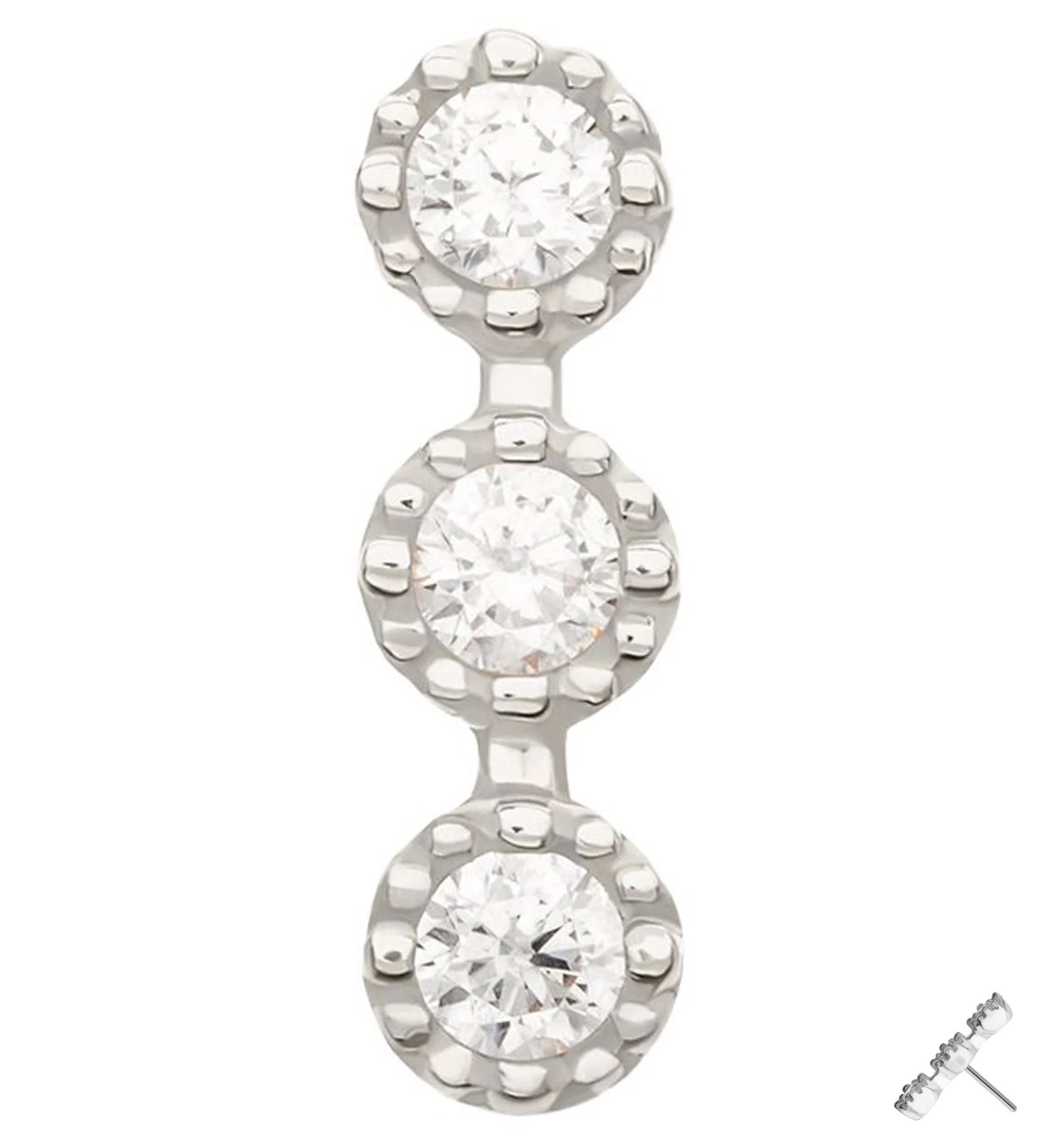 14kt White Gold Triple Stacked Beaded Clear CZ Threadless Top - Mrs Treak