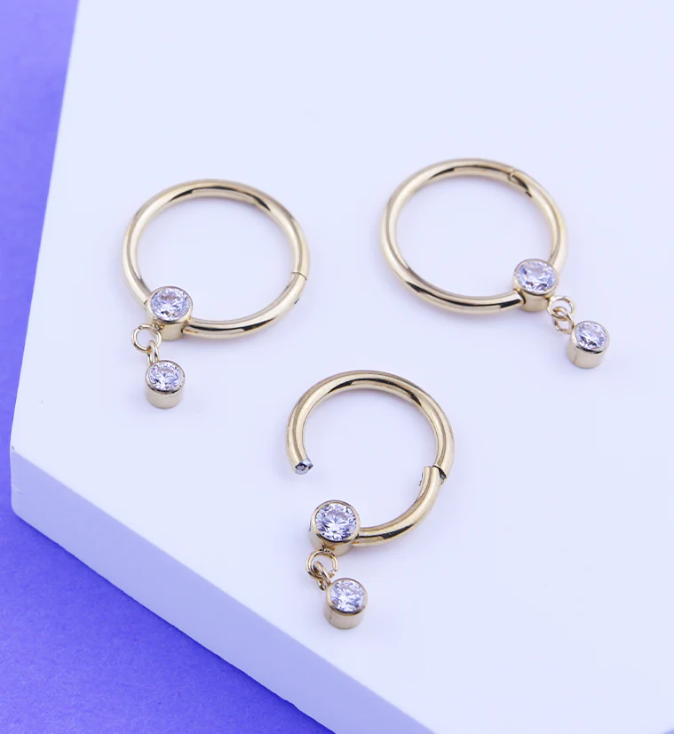 Gold PVD Bezel Clear CZ Dangle Hinged Segment Ring - Mrs Treak