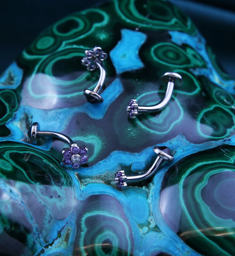 Flower Amethyst CZ Titanium Internally Threaded Curved Barbell - Mrs Treak