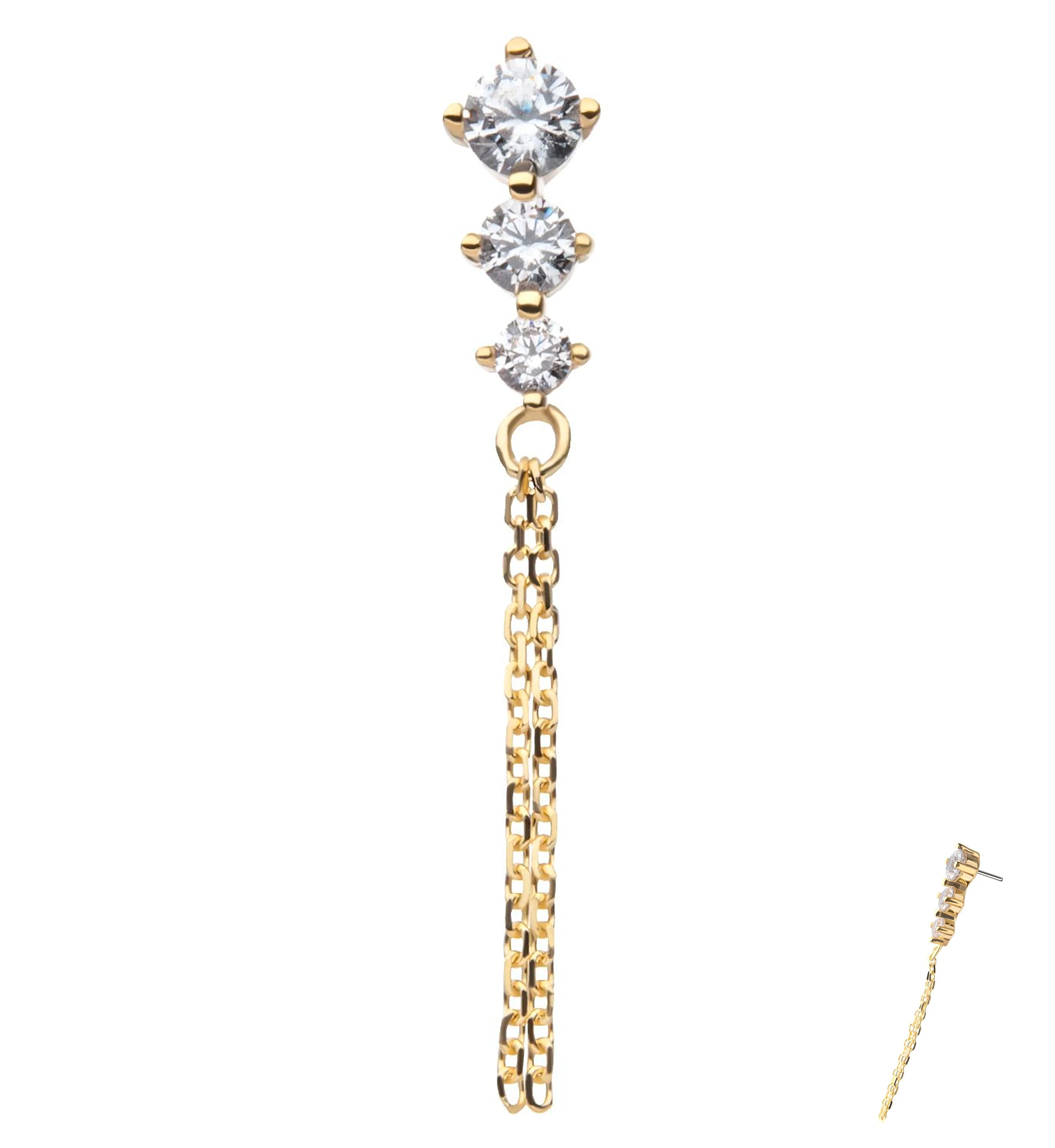 14kt Gold Descending Triple Clear CZ Dangle Chains Threadless Top - Mrs Treak