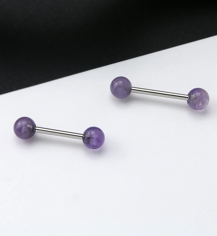 14G Double Amethyst Stone Stainless Steel Barbell - Mrs Treak