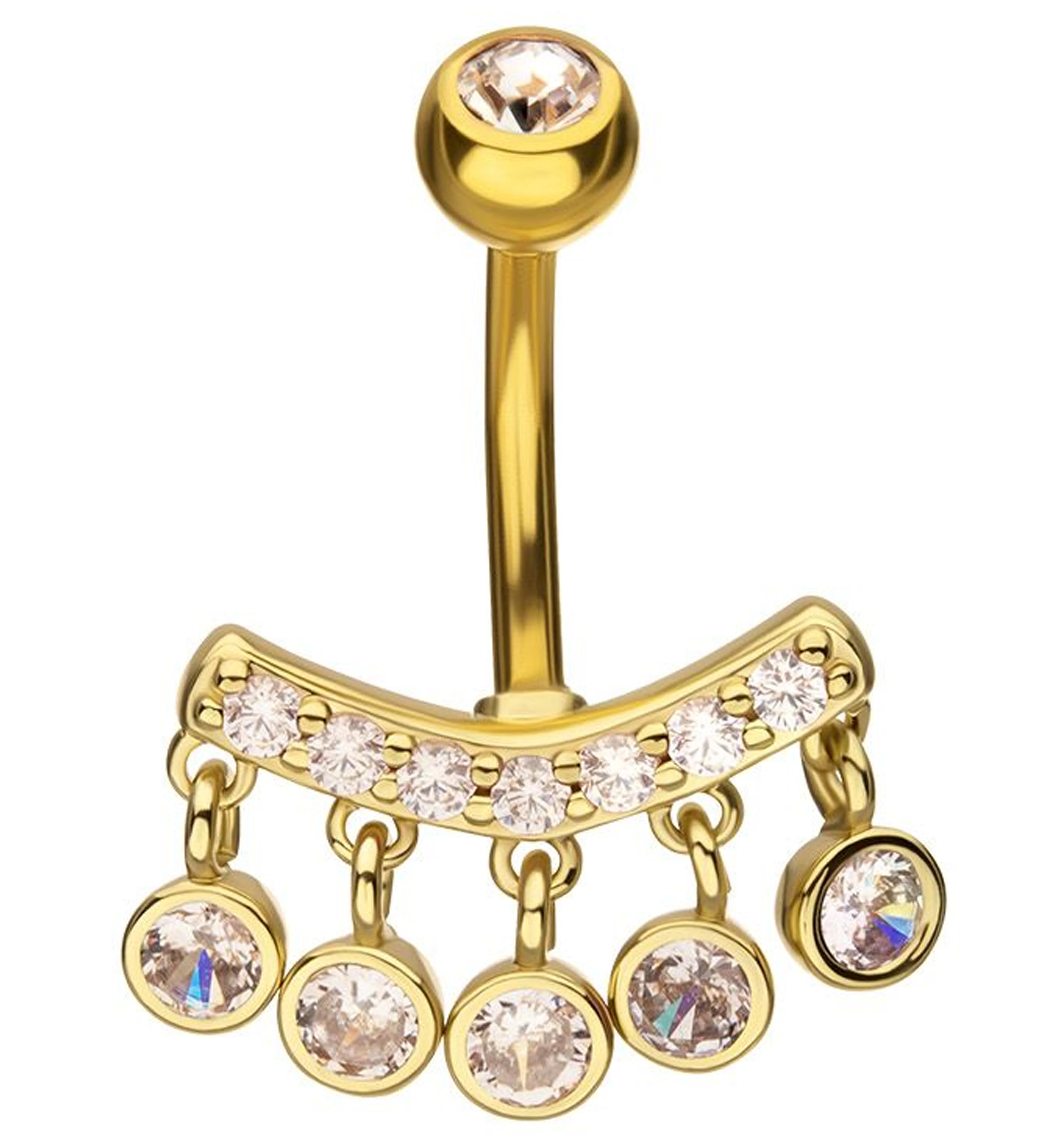 Gold PVD Curve Quinate Clear CZ Dangle Stainless Steel Belly Button Ring - Mrs Treak