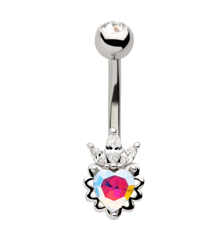 Crown Heart Rainbow Aurora CZ Stainless Steel Belly Button Ring - Mrs Treak