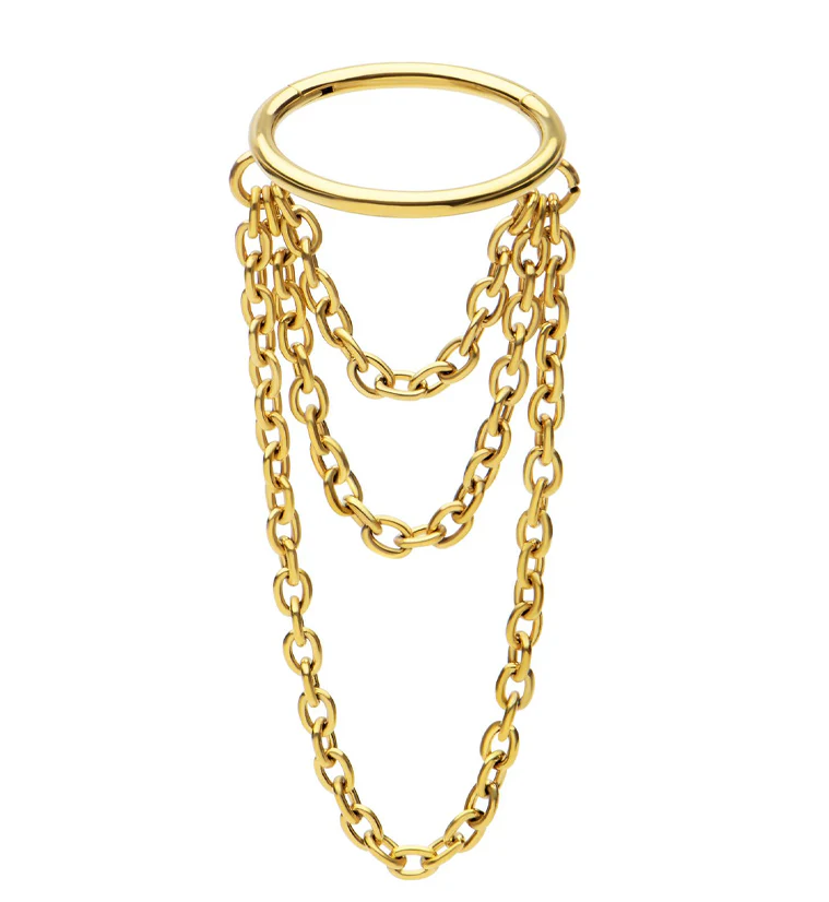Gold PVD Abaft Triple Dangle Chain Hinged Stainless Steel Segment Ring - Mrs Treak
