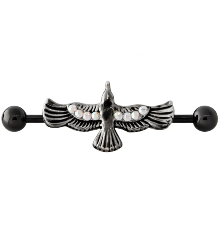 Black PVD Flying Raven Rainbow Aurora CZ Industrial Barbell - Mrs Treak