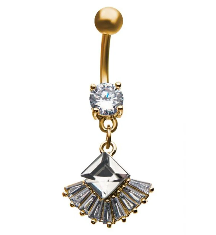 Gold PVD Gem Fan Dangle Belly Ring - Mrs Treak