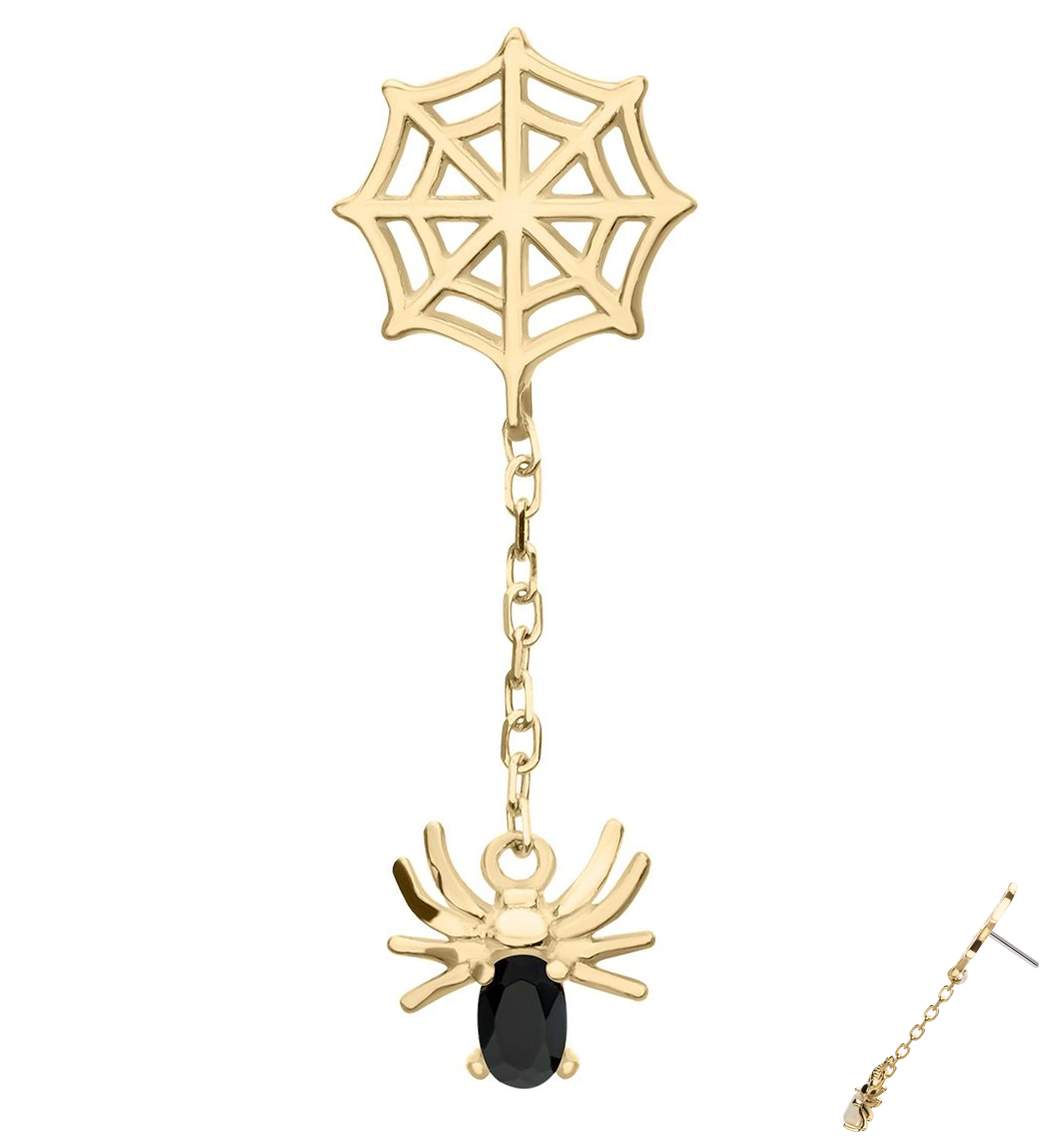 14kt Gold Spiderweb Dangle Spider Black CZ Threadless Top - Mrs Treak
