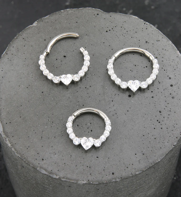 Heart Icicle Clear CZ Titanium Hinged Segment Ring - Mrs Treak