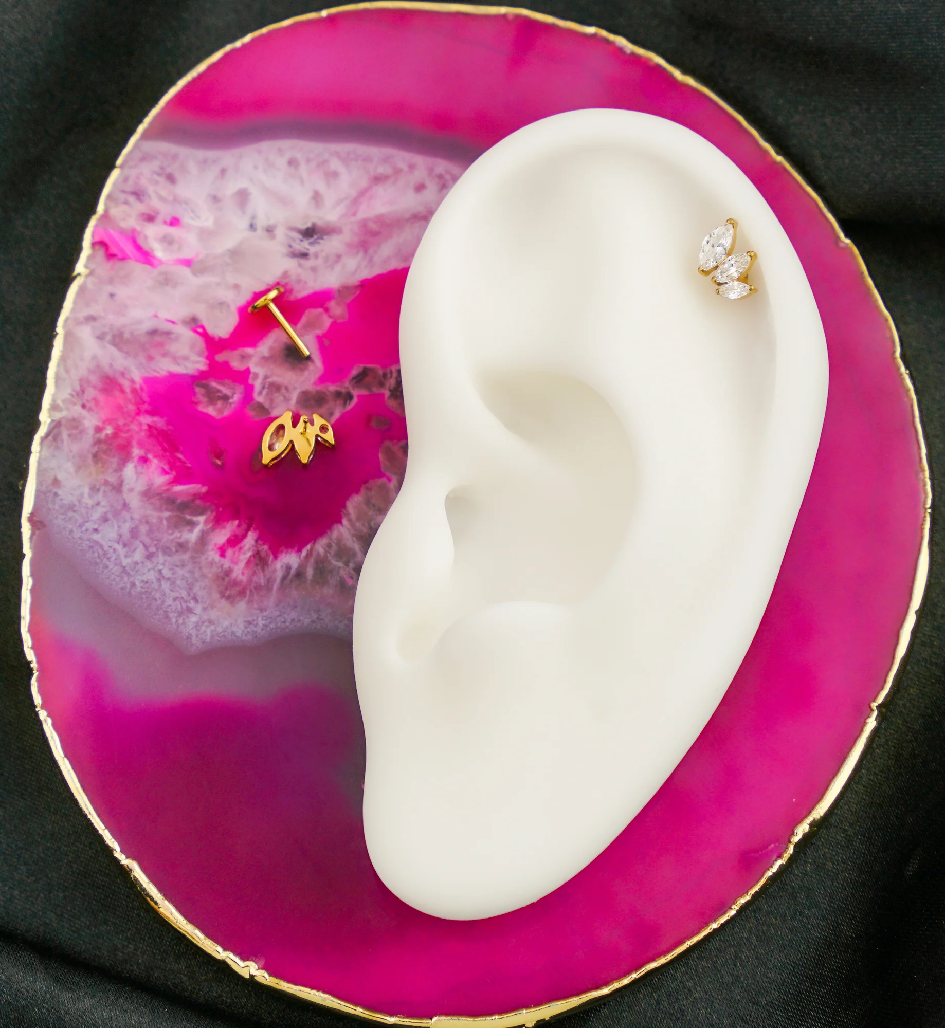 Gold PVD Triple Marquise Clear CZ Titanium Threadless Labret - Mrs Treak