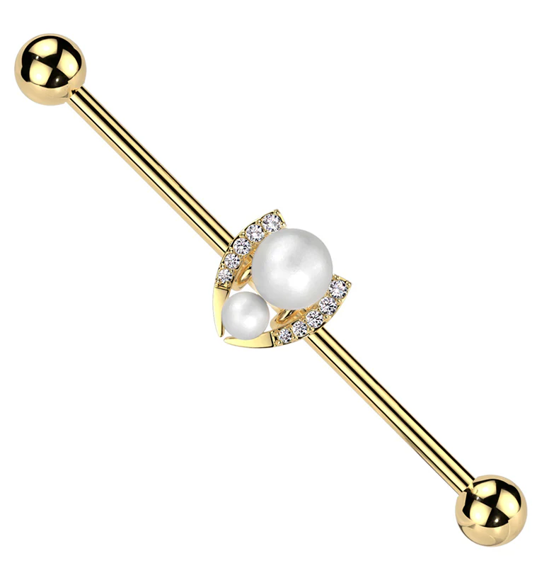 Gold PVD Pearl Horseshoe Clear CZ Stainless Steel Industrial Barbell - Mrs Treak