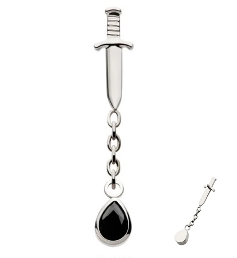 Dagger Dangle Chain Teardrop Black CZ Internally Threaded Top - Mrs Treak