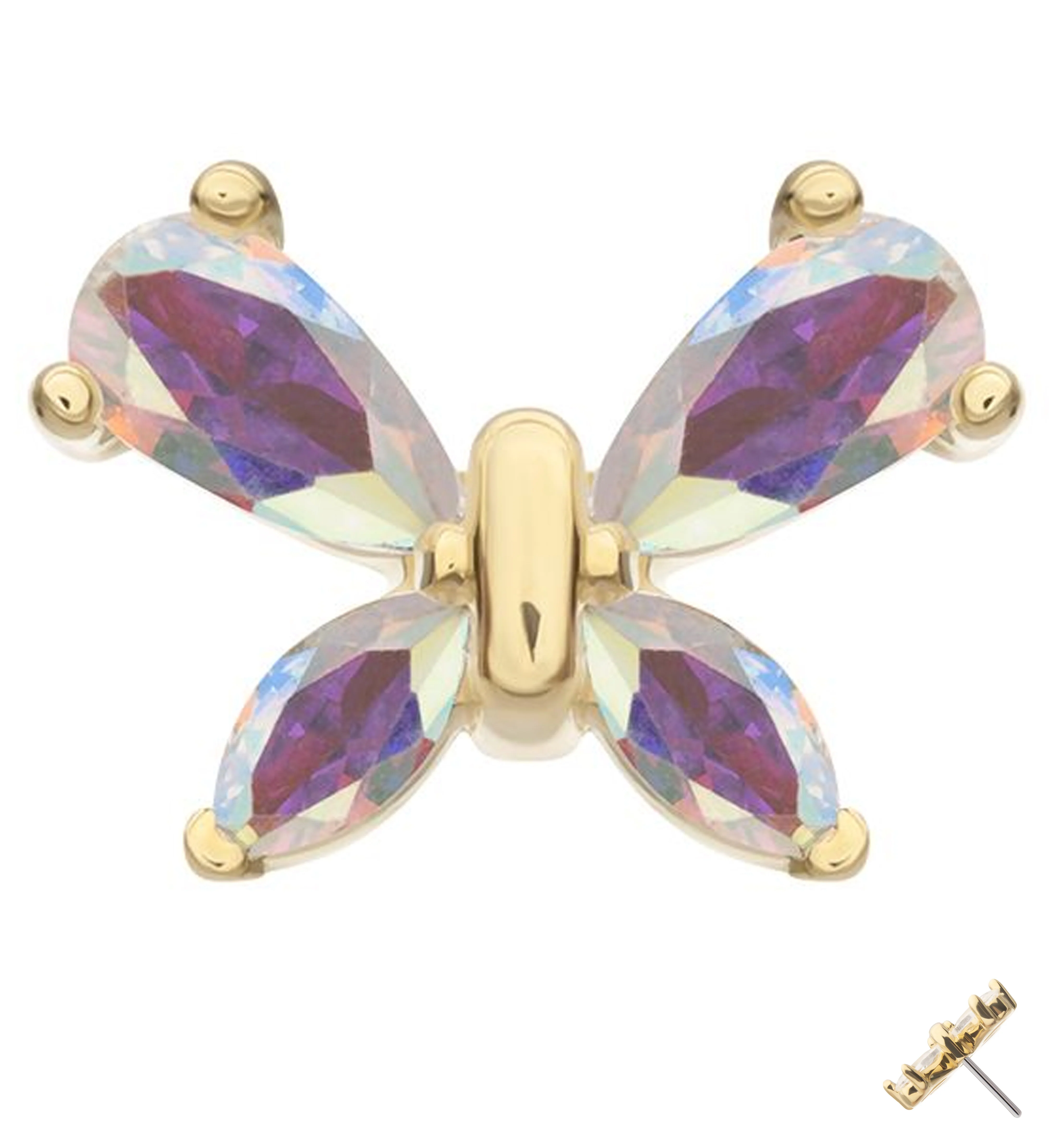 14kt Gold Marquise Butterfly Rainbow Aurora CZ Threadless Top - Mrs Treak