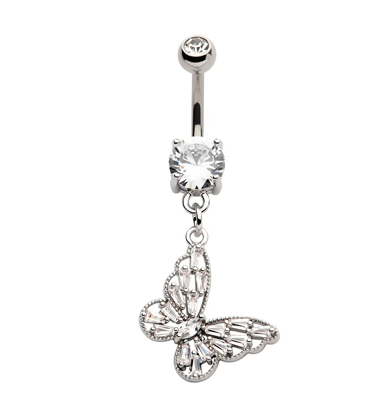 Butterfly Dangle Clear CZ Stainless Steel Belly Button Ring - Mrs Treak