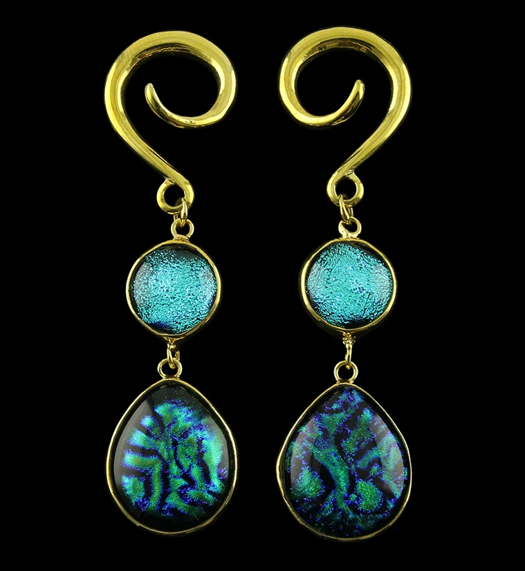 Mermaid Double Teardrop Dichroic Glass Brass Ear Weights - Mrs Treak
