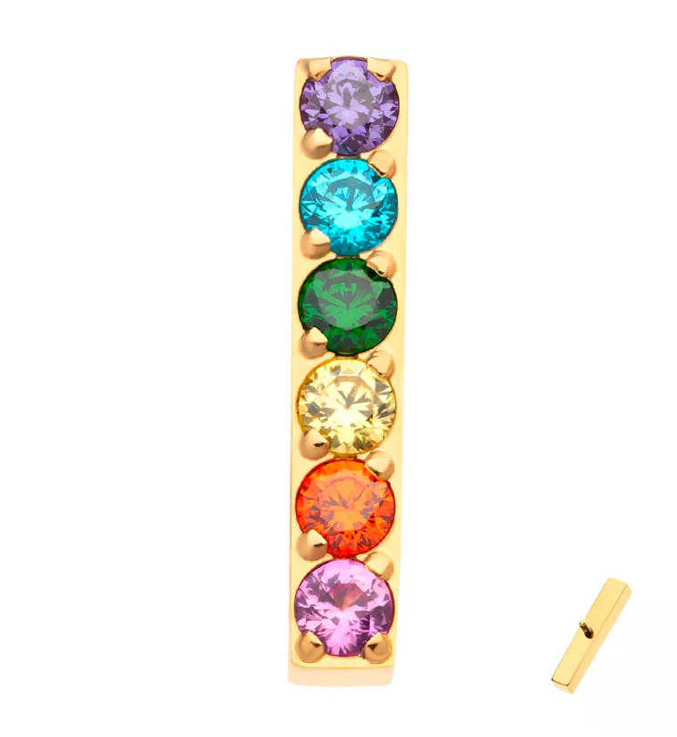24kt Gold PVD Rainbow CZ Bar Internally Threaded Titanium Top - Mrs Treak