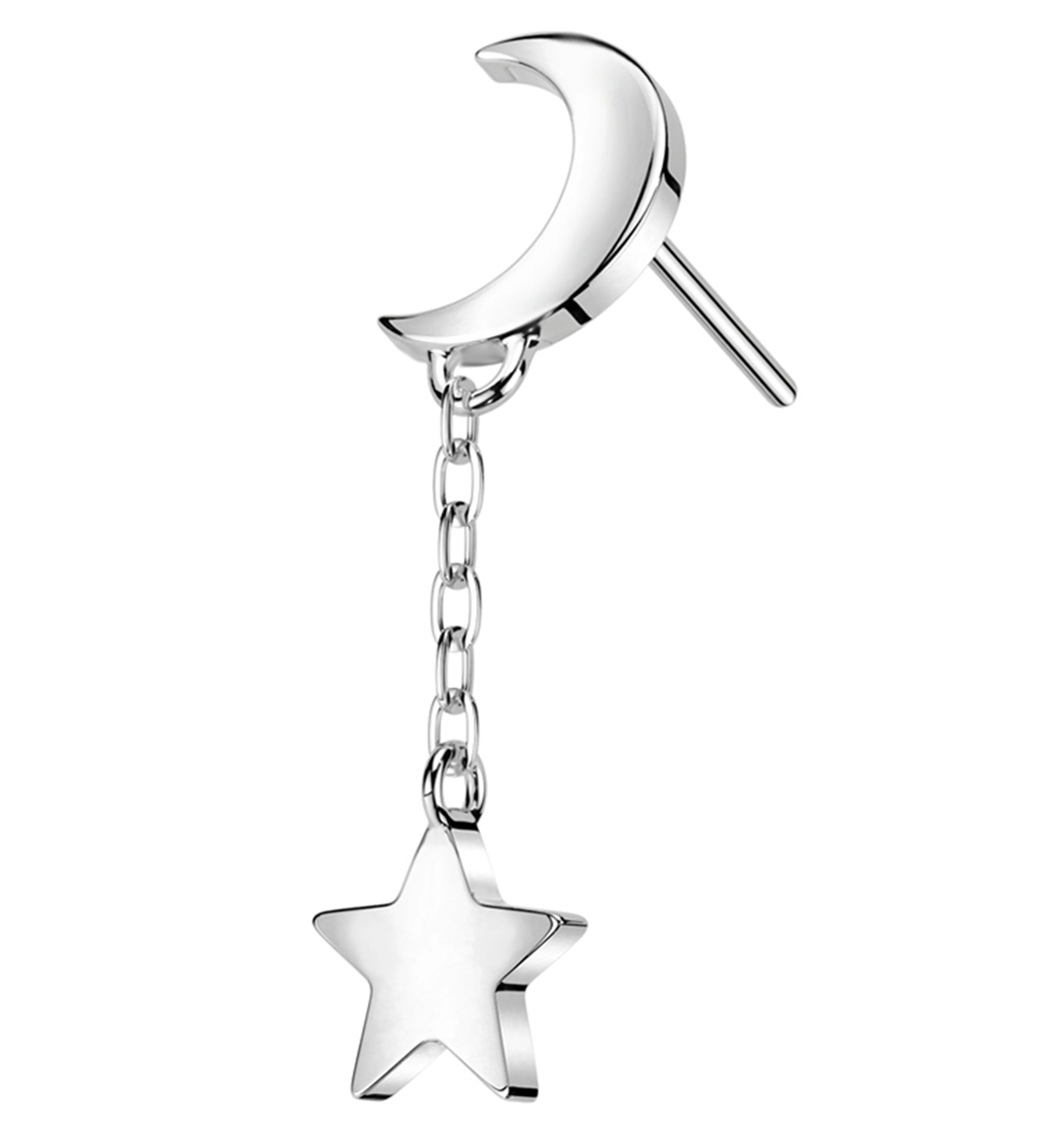 14kt White Gold Crescent Moon Shooting Star Dangle Threadless Top - Mrs Treak