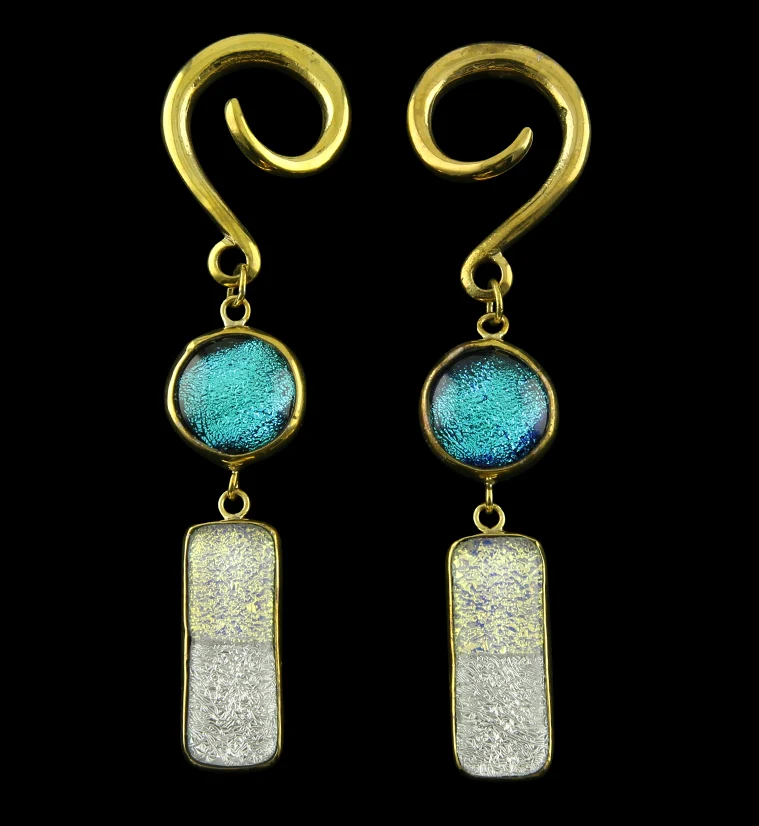 Winter Ice Double Oblong Dichroic Glass Brass Ear Weights - Mrs Treak