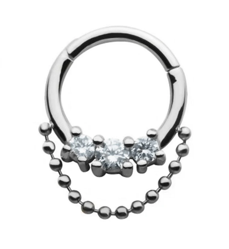 Triple Prong Set Clear CZ with Dangling Chain Hinged Segment Ring - Mrs Treak