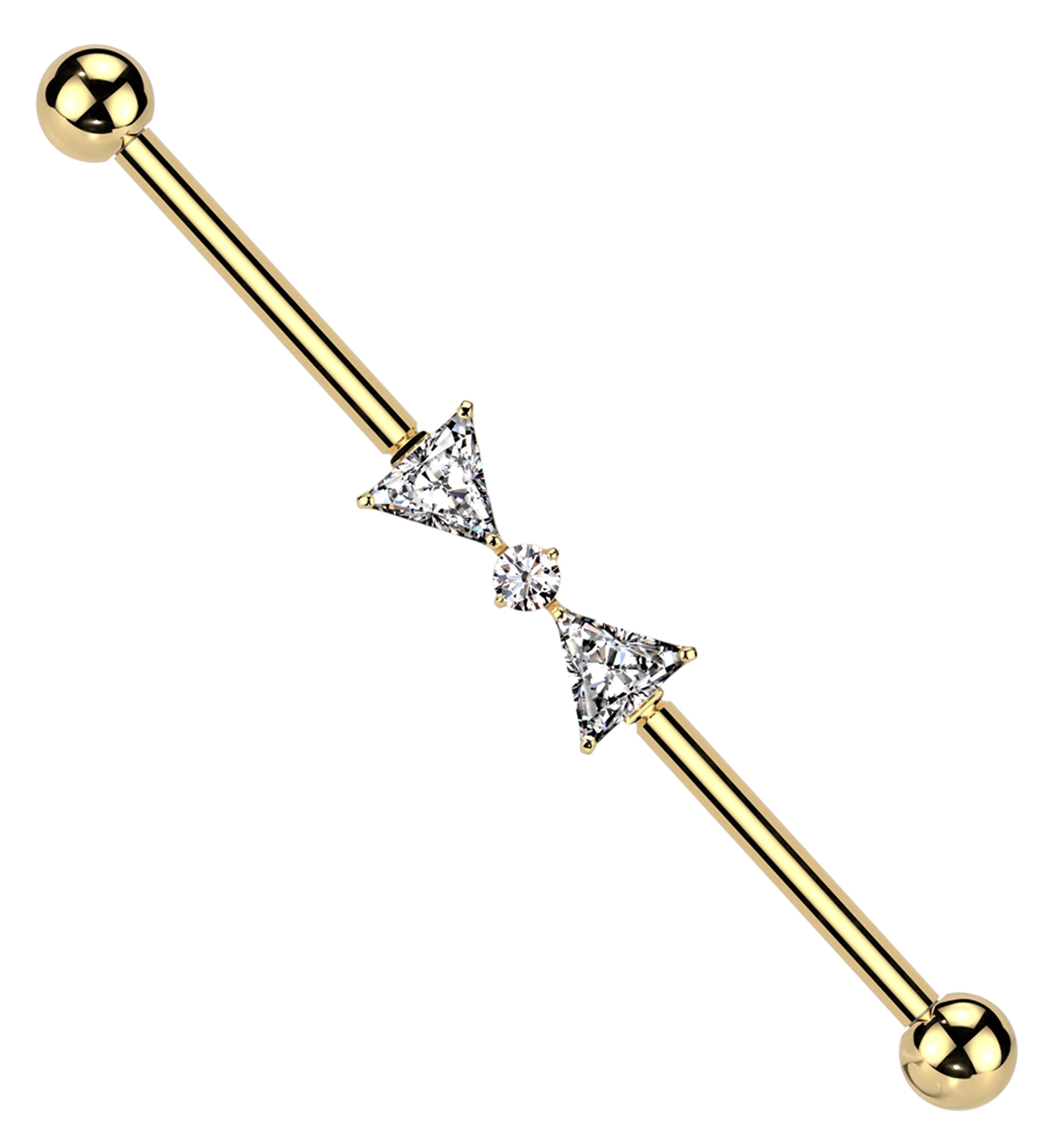 Gold PVD Bow Tie Clear CZ Internally Threaded Titanium Industrial Barbell - Mrs Treak