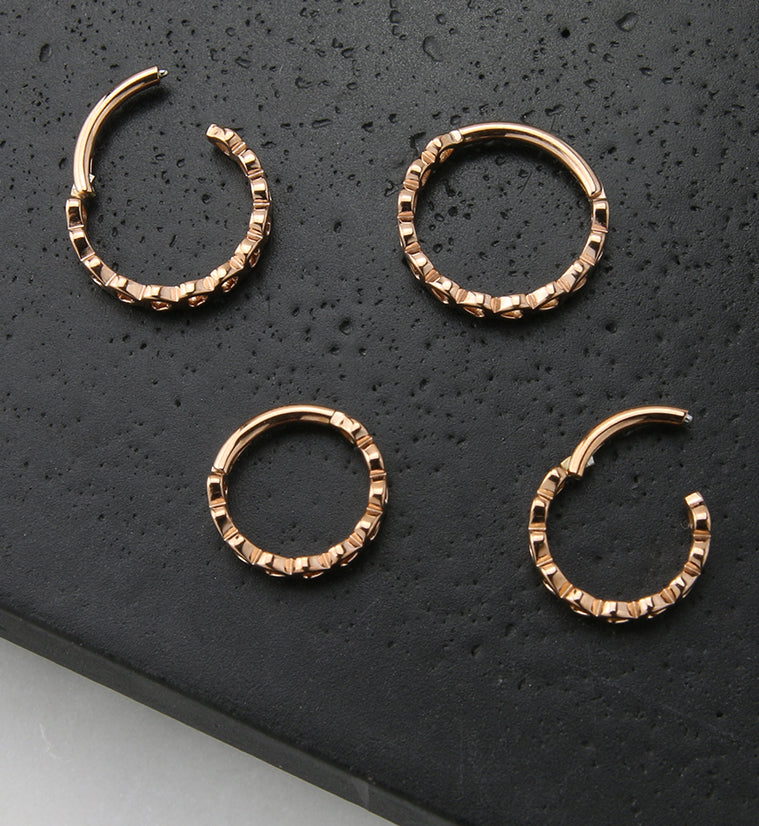 16G Rose Gold PVD Heart Row Stainless Steel Hinged Segment Ring - Mrs Treak
