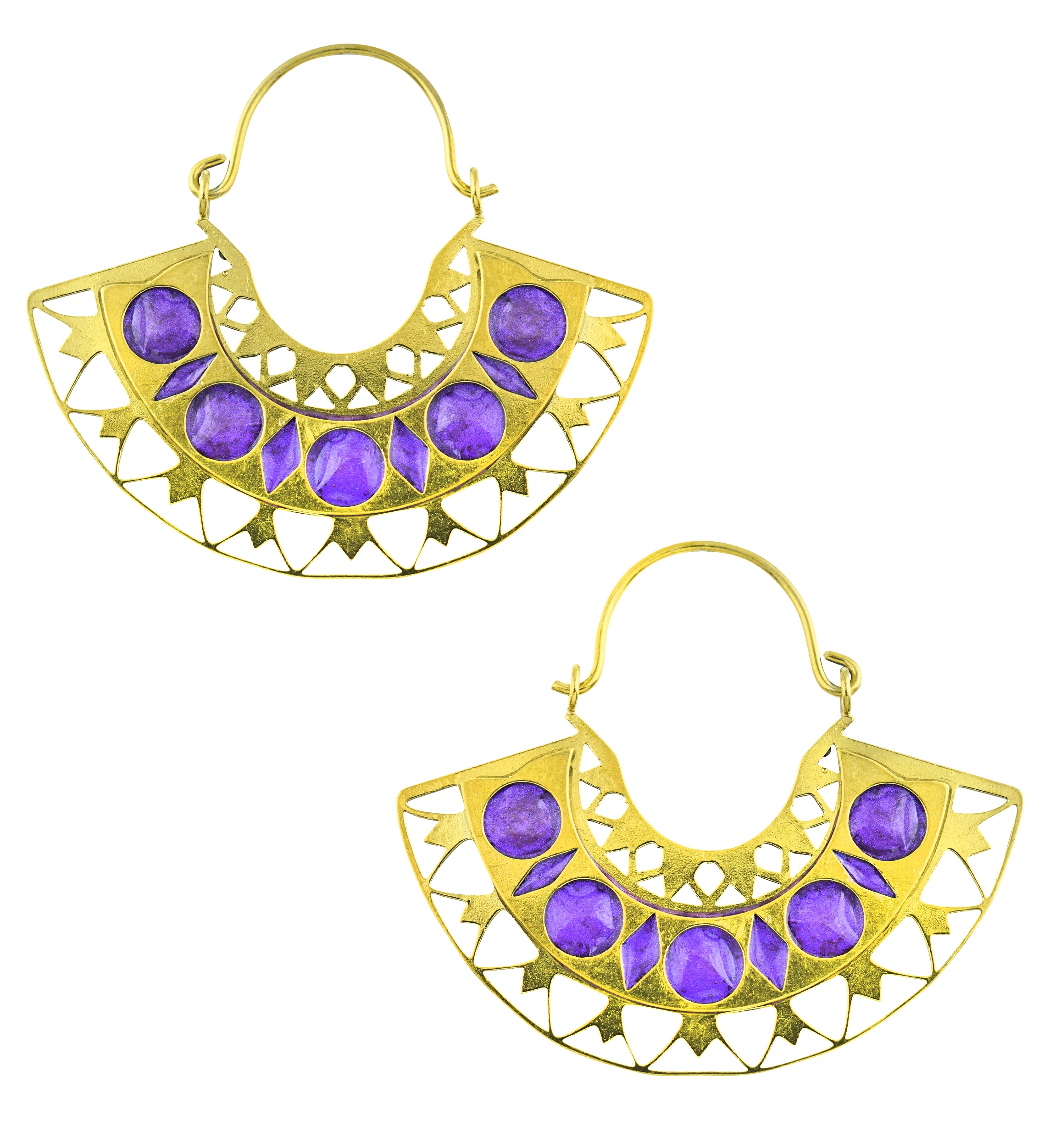 Gold PVD Insignia Purple Epoxy Stainless Steel Earrings - Mrs Treak