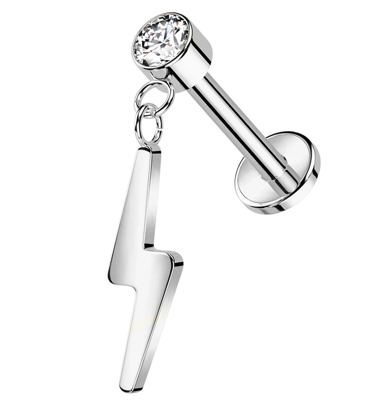 Electric Bolt Dangle Clear CZ Titanium Threadless Labret - Mrs Treak