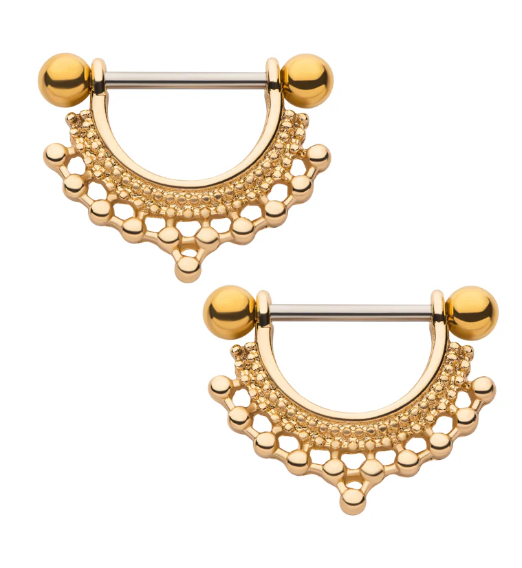 Gold PVD Beaded Crown Nipple Ring Barbell - Mrs Treak