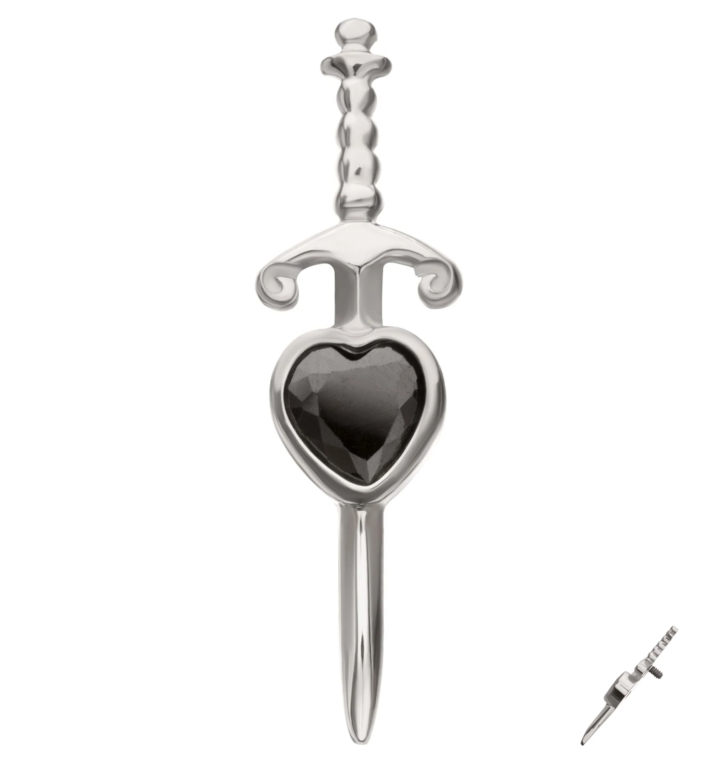 Black CZ Heart Dagger Titanium Internally Threaded Top - Mrs Treak