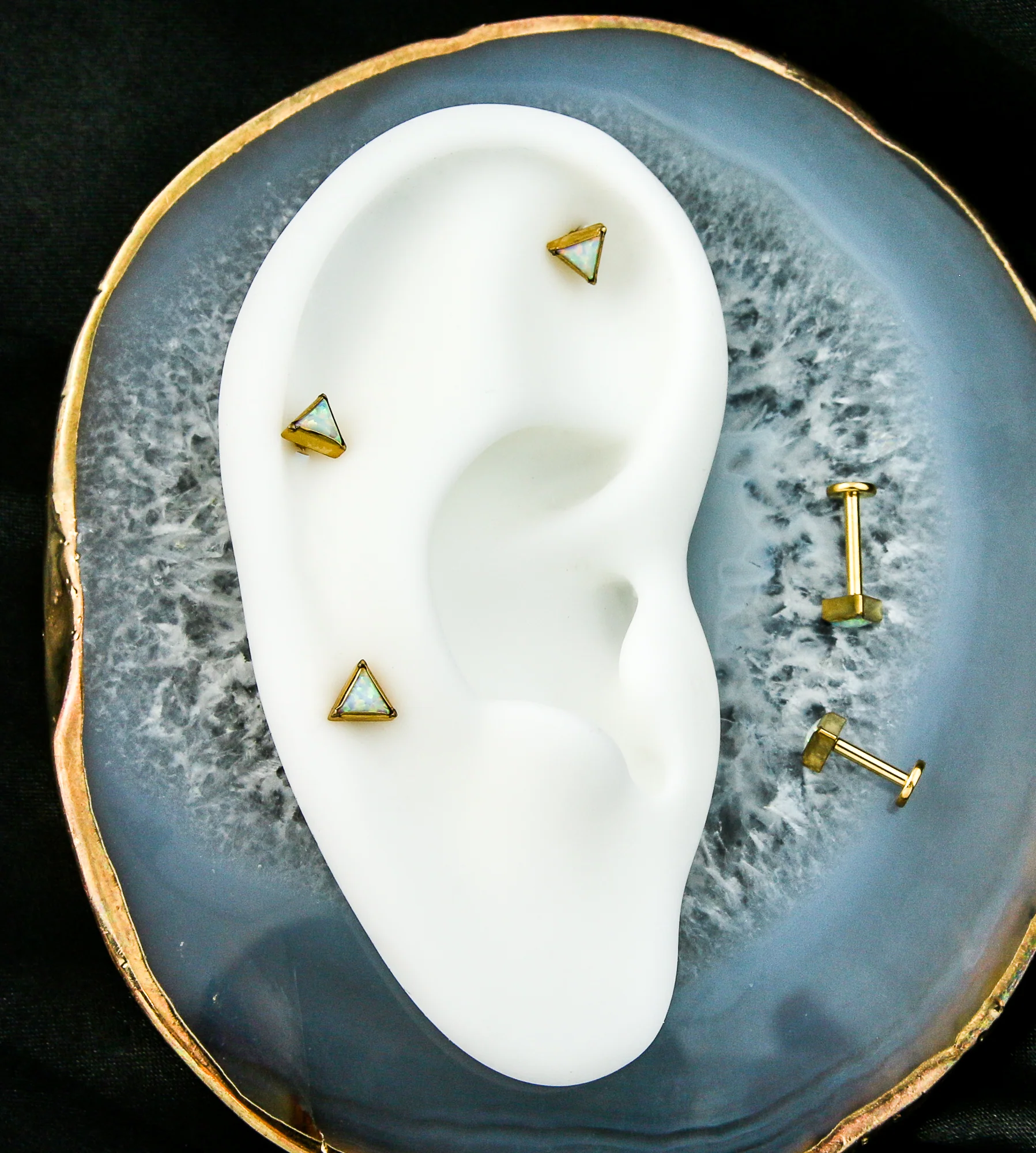 Gold PVD Triangle White Opalite Internally Threaded Titanium Labret - Mrs Treak