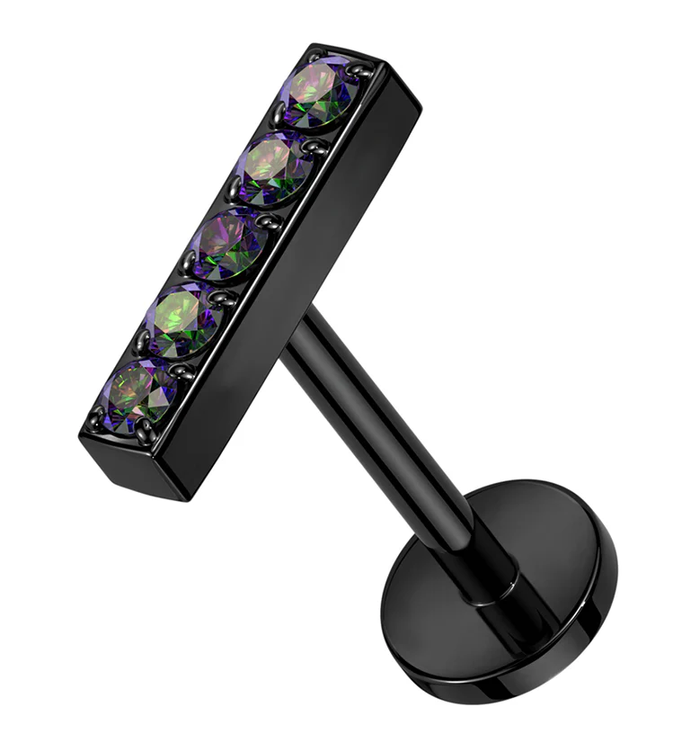 Black PVD Bar Black Aurora CZ Titanium Threadless Labret - Mrs Treak