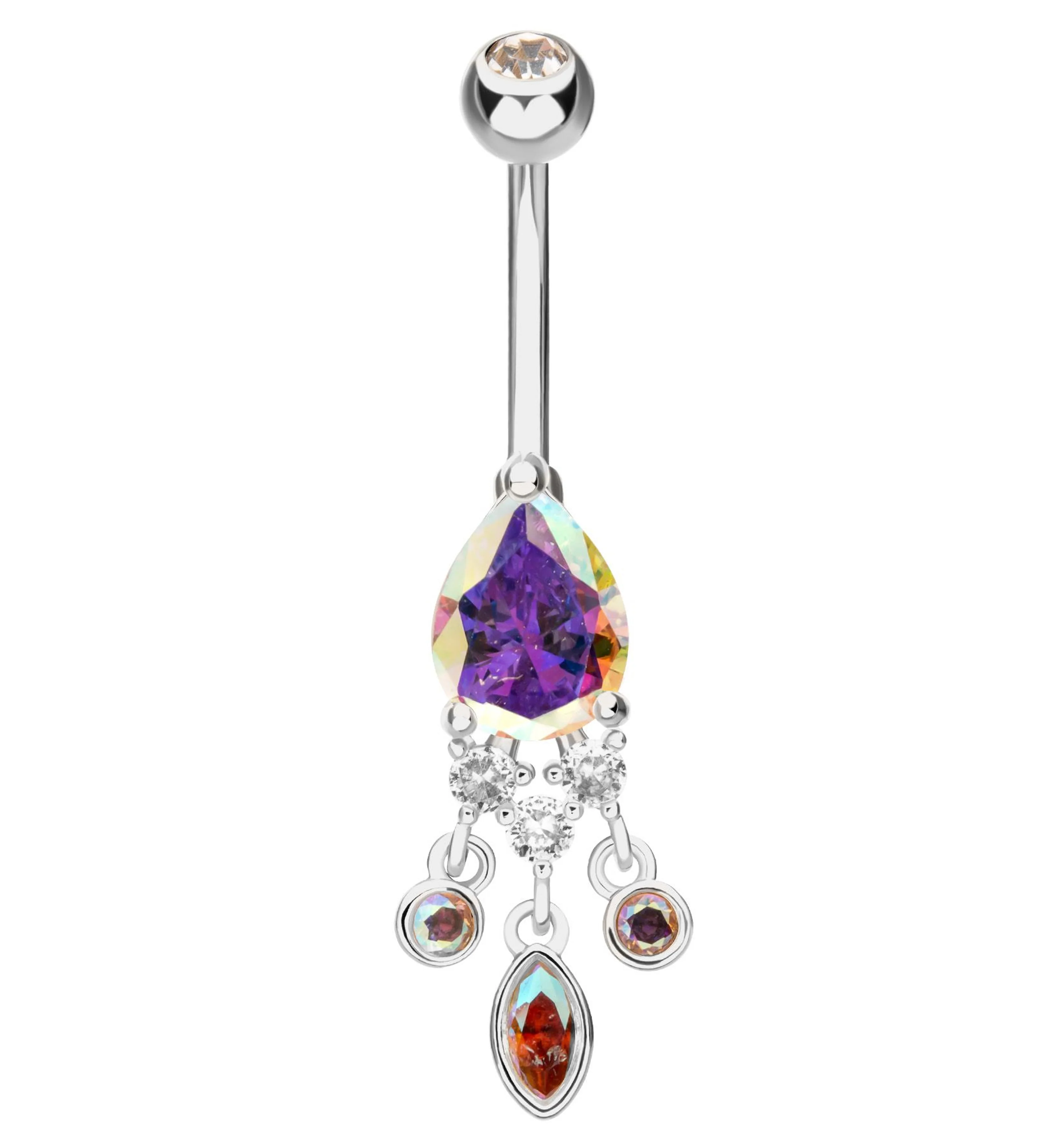 Teardrop Rainbow Aurora CZ Triple Dangle Stainless Steel Belly Button Ring - Mrs Treak