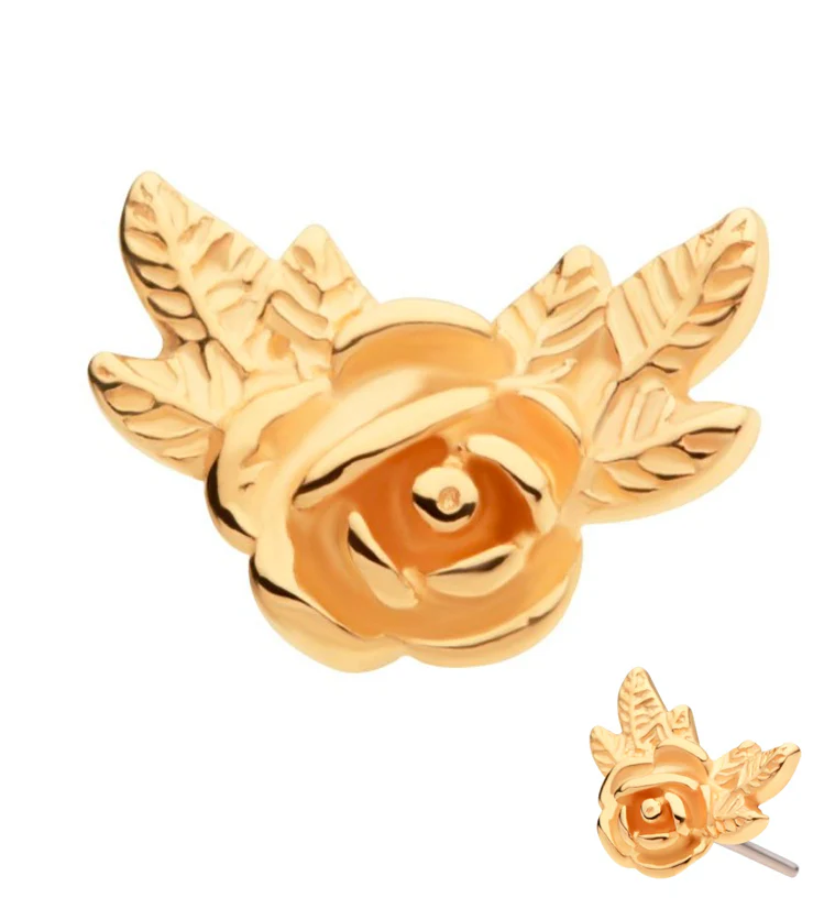 14kt Gold Rose With Leaves Threadless Top - Mrs Treak
