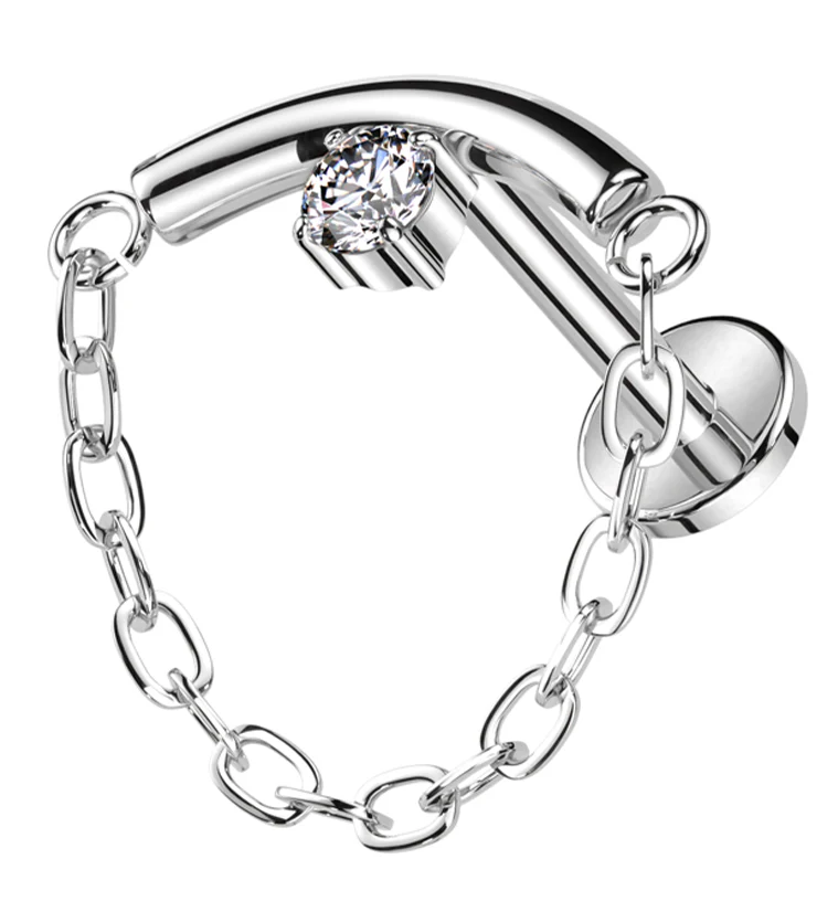 Curved Bar Clear CZ Dangle Chain Titanium Internally Threaded Labret - Mrs Treak