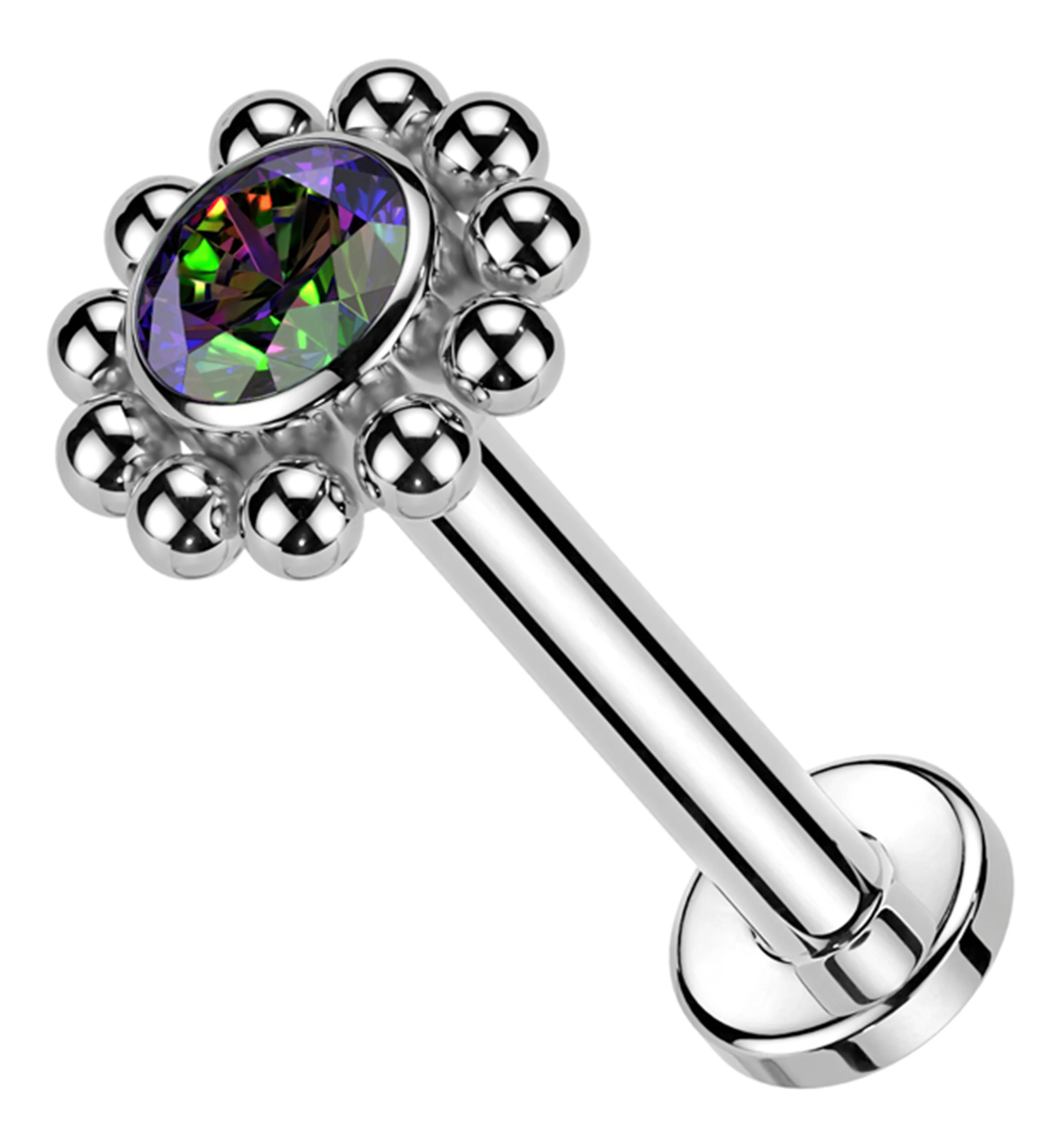 Beaded Flower Black Aurora CZ Internally Threaded Titanium Labret - Mrs Treak