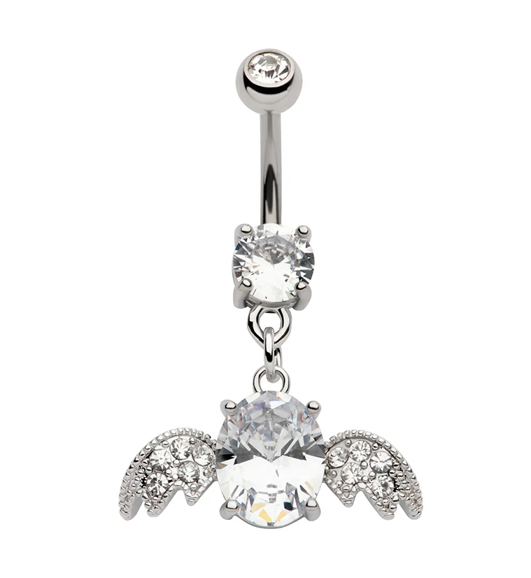 Winged Oval CZ Stainless Steel Belly Button Ring - Mrs Treak