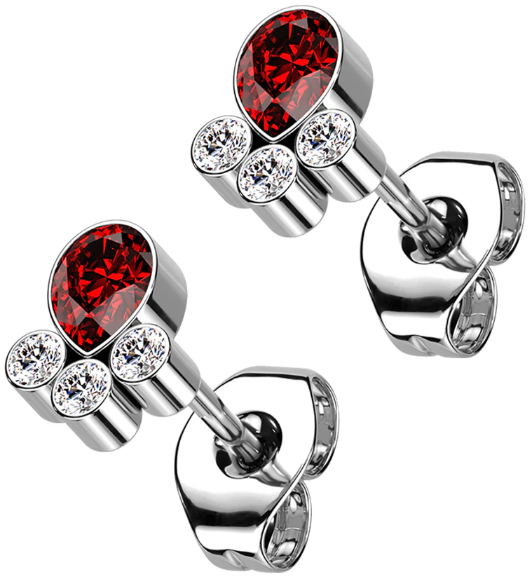 Red Teardrop Cluster CZ Titanium Threadless Earrings - Mrs Treak