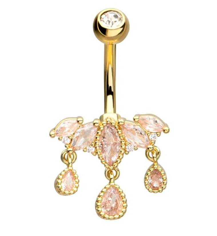 Gold PVD Beaded Chaplet Dangle Teardrop CZ Belly Button Ring - Mrs Treak