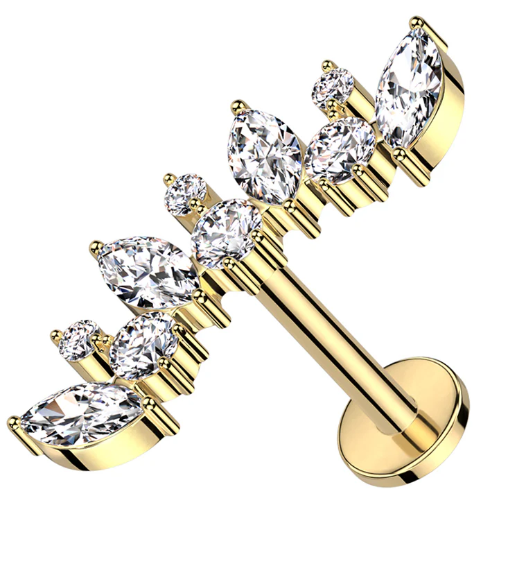 Gold PVD Diadem Clear CZ Internally Threaded Titanium Labret - Mrs Treak