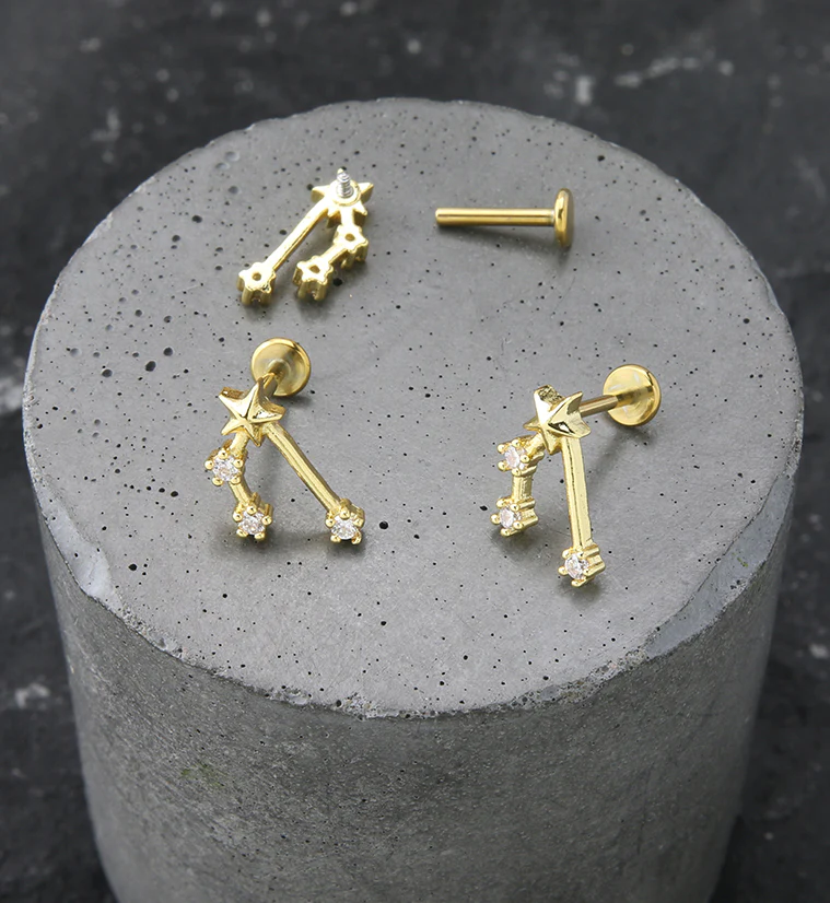 Gold PVD Taurus Constellation Clear CZ Stainless Steel Internally Threaded Labret - Mrs Treak