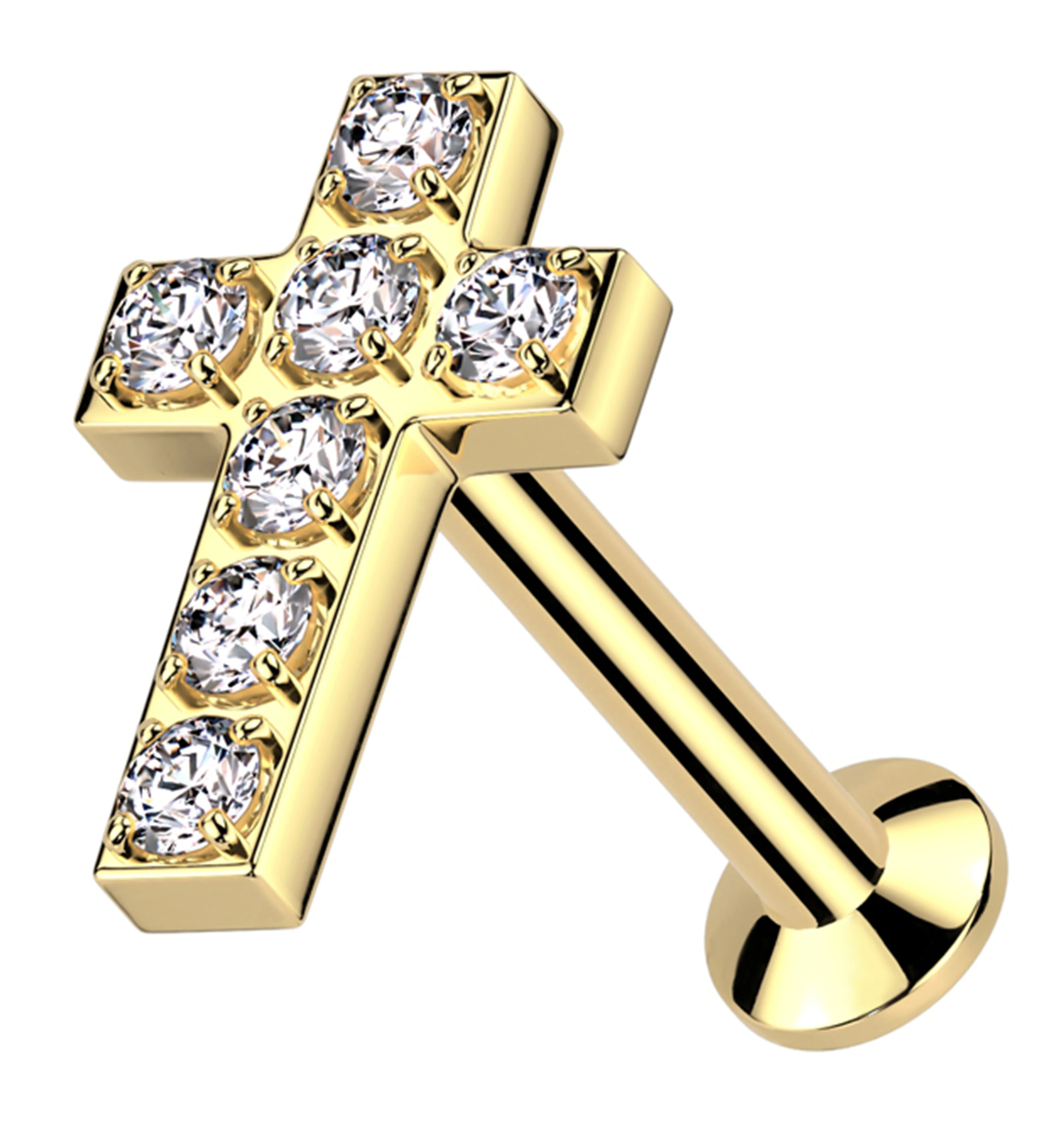 Gold PVD Cross Clear CZ Stainless Steel Convex Back Threadless Labret - Mrs Treak